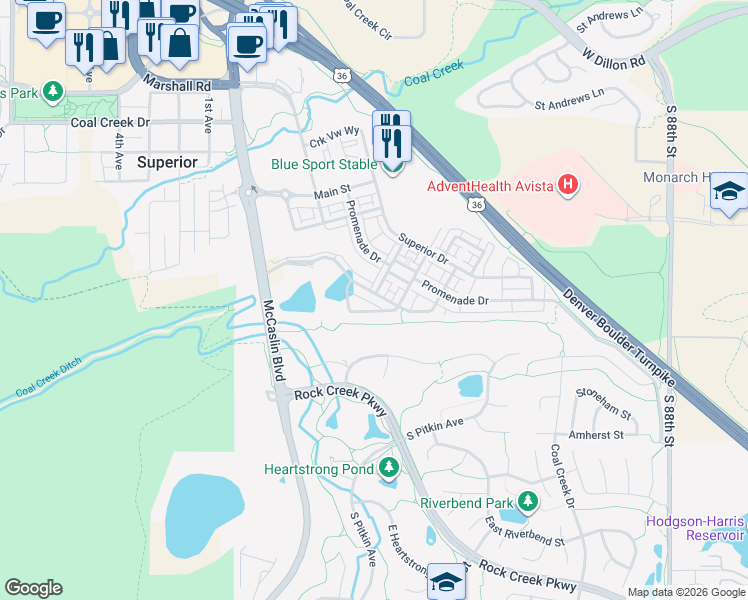 map of restaurants, bars, coffee shops, grocery stores, and more near 614 Discovery Parkway in Superior