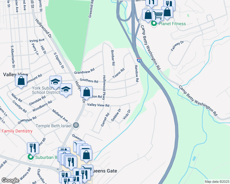 map of restaurants, bars, coffee shops, grocery stores, and more near 1250 Glendale Road in York