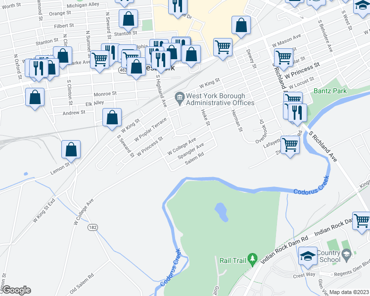 map of restaurants, bars, coffee shops, grocery stores, and more near 1424 West College Avenue in York