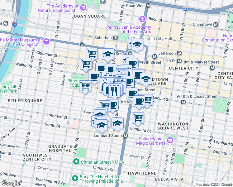 map of restaurants, bars, coffee shops, grocery stores, and more near 1500 Locust Street in Philadelphia