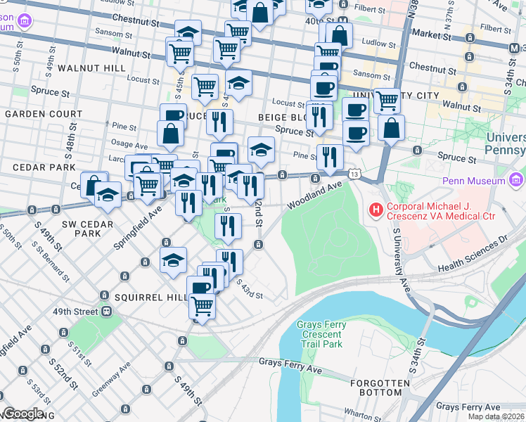 map of restaurants, bars, coffee shops, grocery stores, and more near 607 South 42nd Street in Philadelphia