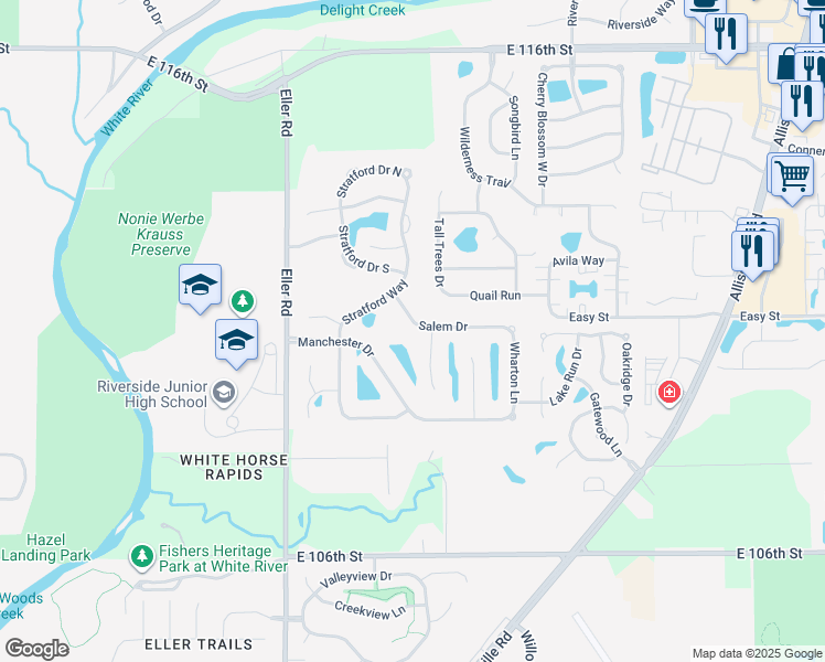 map of restaurants, bars, coffee shops, grocery stores, and more near 11034 Eaton Court in Fishers