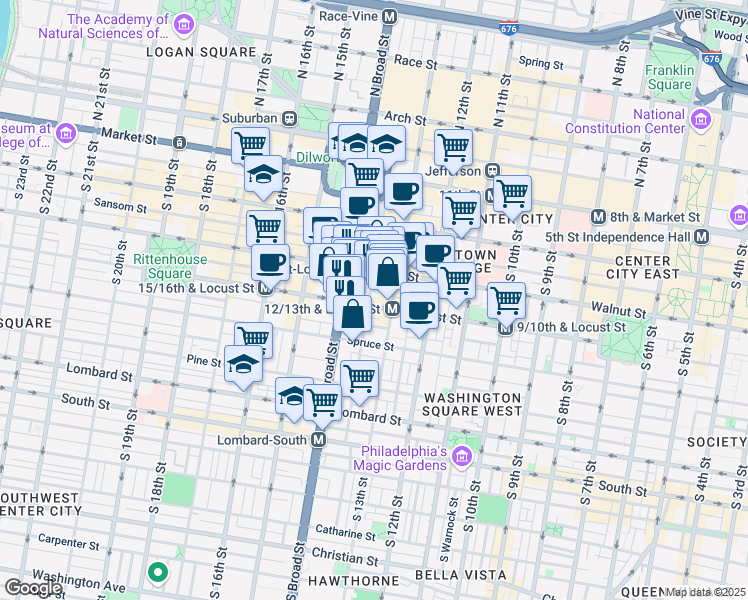 map of restaurants, bars, coffee shops, grocery stores, and more near 1319 Locust Street in Philadelphia