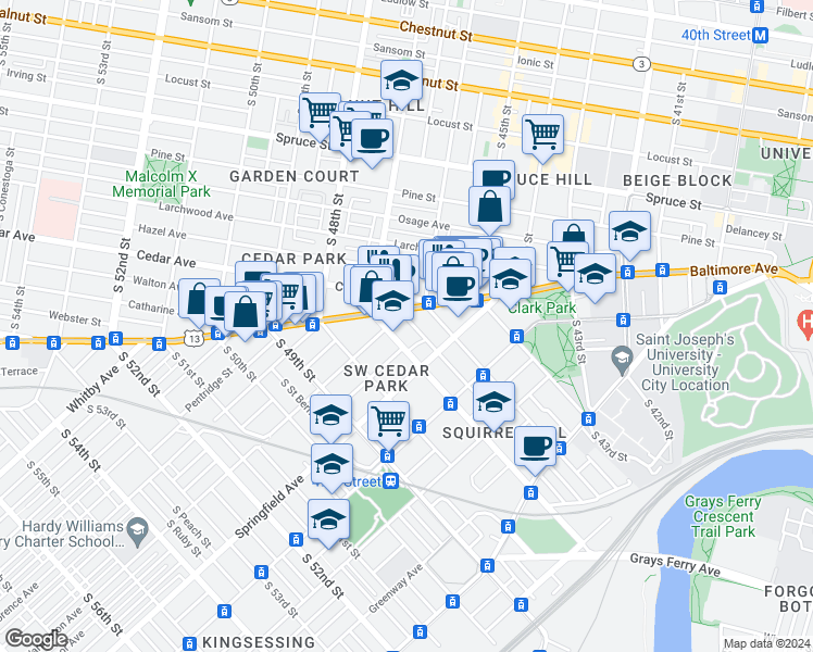map of restaurants, bars, coffee shops, grocery stores, and more near 914 Farragut Terrace in Philadelphia