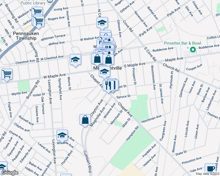 map of restaurants, bars, coffee shops, grocery stores, and more near South Centre Street & Locust Street in Merchantville