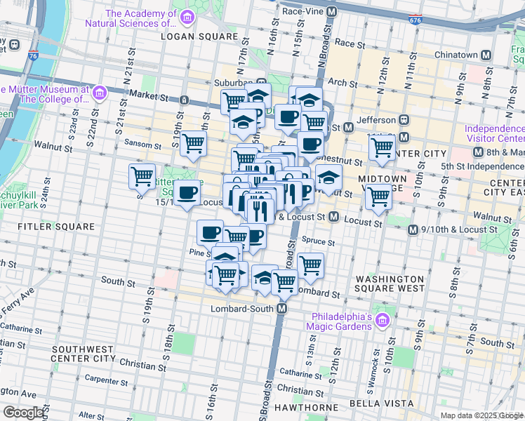 map of restaurants, bars, coffee shops, grocery stores, and more near 1500 Locust Street in Philadelphia