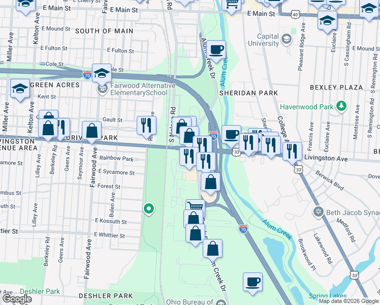 map of restaurants, bars, coffee shops, grocery stores, and more near 1937 East Livingston Avenue in Columbus