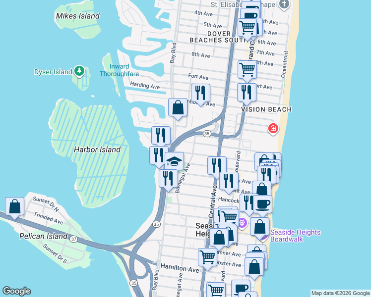 map of restaurants, bars, coffee shops, grocery stores, and more near 314 Sampson Avenue in Seaside Heights