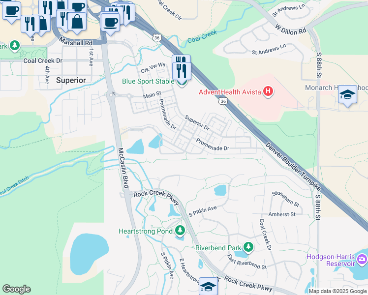 map of restaurants, bars, coffee shops, grocery stores, and more near 2214 Central Park Way in Superior