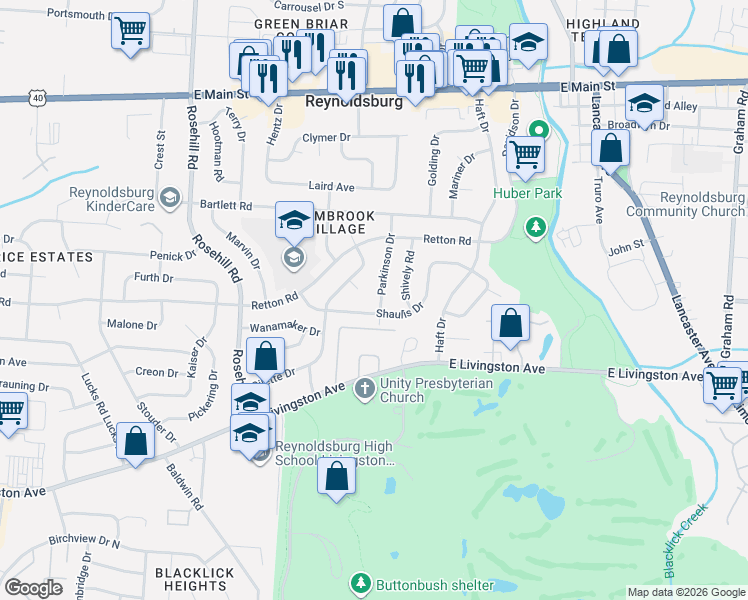 map of restaurants, bars, coffee shops, grocery stores, and more near 1673 Parkinson Drive in Reynoldsburg