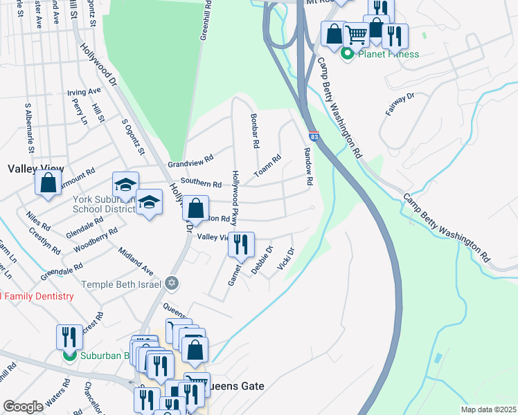 map of restaurants, bars, coffee shops, grocery stores, and more near 1250 Glendale Road in York
