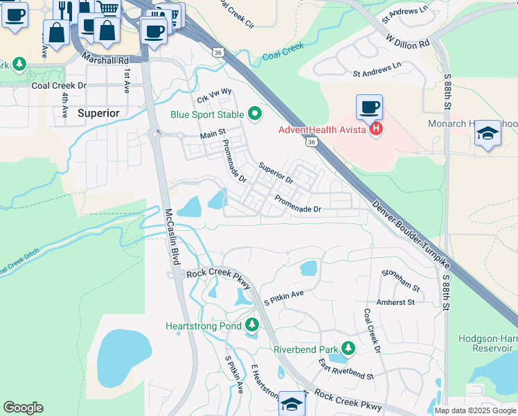 map of restaurants, bars, coffee shops, grocery stores, and more near 2218 Central Park Way in Superior