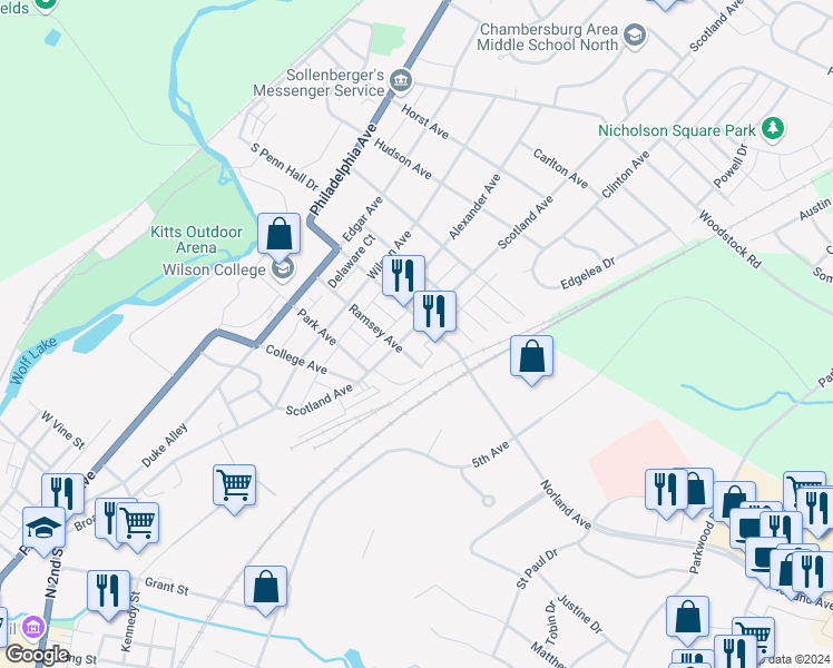 map of restaurants, bars, coffee shops, grocery stores, and more near 1232 Scotland Avenue in Chambersburg