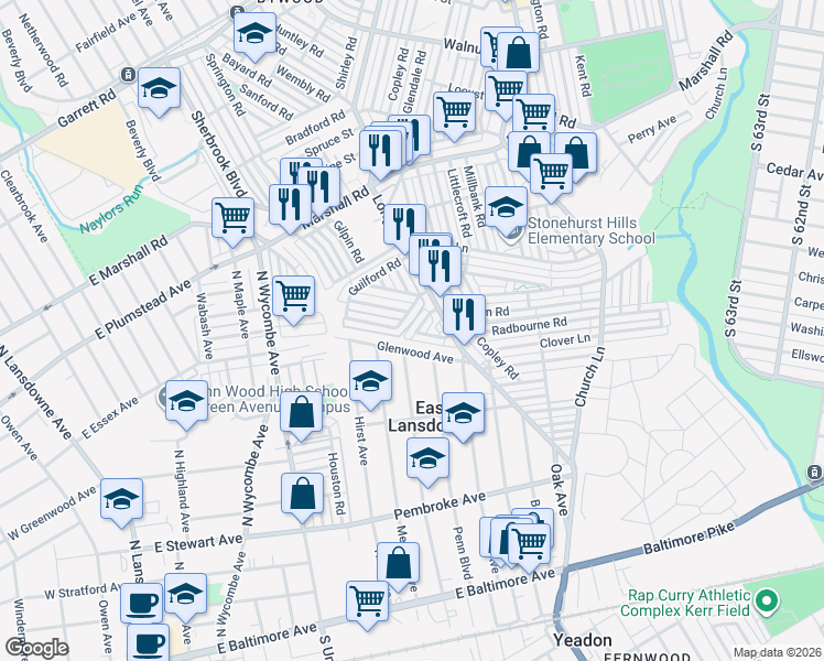 map of restaurants, bars, coffee shops, grocery stores, and more near 519 Glenwood Avenue in Lansdowne
