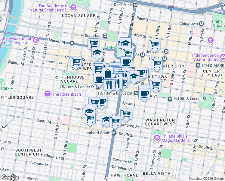 map of restaurants, bars, coffee shops, grocery stores, and more near Locust Street in Philadelphia