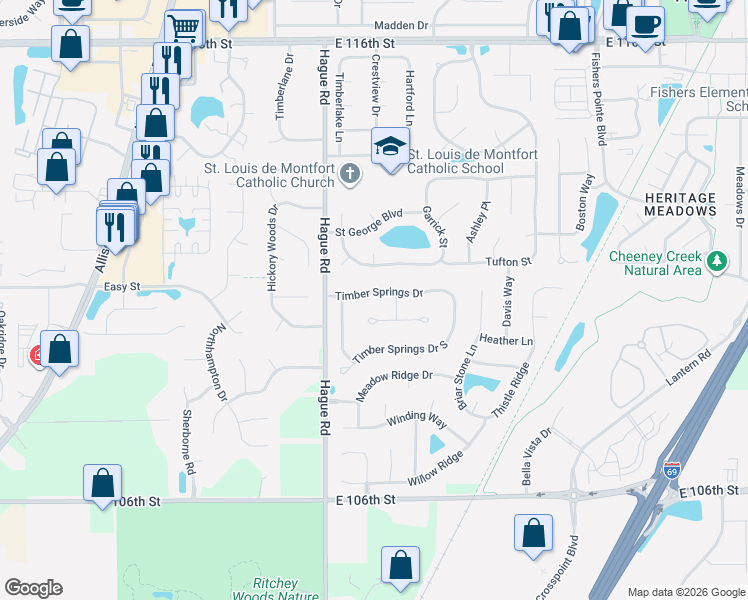 map of restaurants, bars, coffee shops, grocery stores, and more near 7570 Forest Drive in Fishers