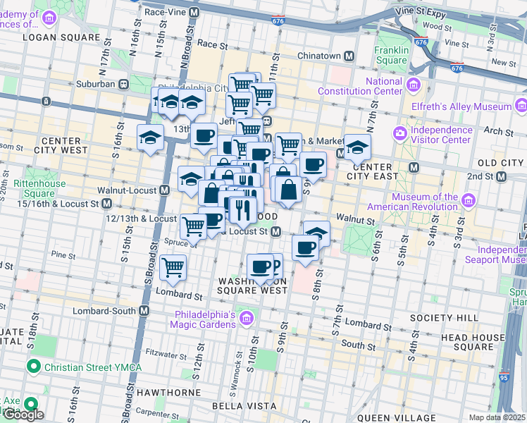 map of restaurants, bars, coffee shops, grocery stores, and more near 1000-28 Walnut Street in Philadelphia