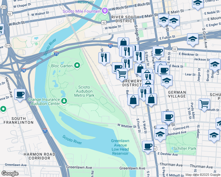 map of restaurants, bars, coffee shops, grocery stores, and more near 178 West Sycamore Street in Columbus