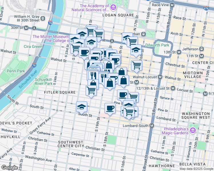 map of restaurants, bars, coffee shops, grocery stores, and more near 1830-32 Manning Street in Philadelphia