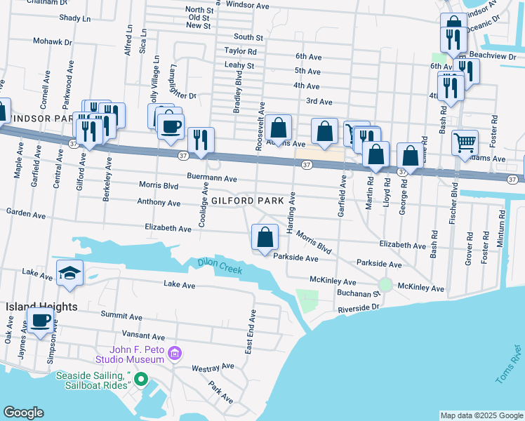 map of restaurants, bars, coffee shops, grocery stores, and more near 505 Morris Boulevard in Toms River
