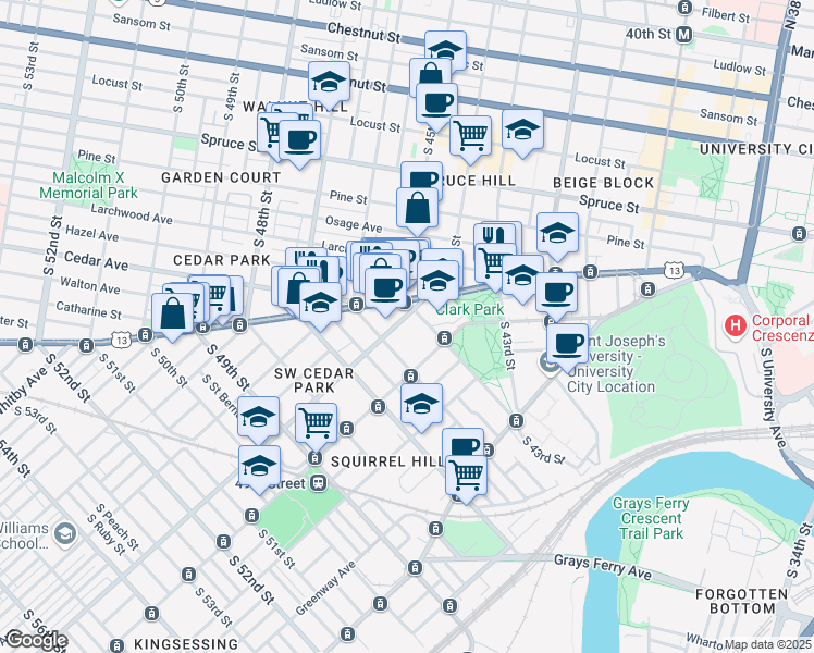 map of restaurants, bars, coffee shops, grocery stores, and more near 4516 Springfield Avenue in Philadelphia