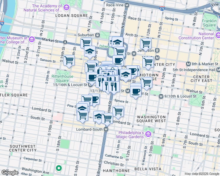 map of restaurants, bars, coffee shops, grocery stores, and more near 1405 Locust Street in Philadelphia