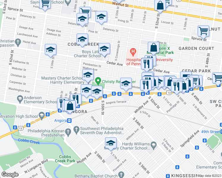 map of restaurants, bars, coffee shops, grocery stores, and more near 5433 Christian Street in Philadelphia