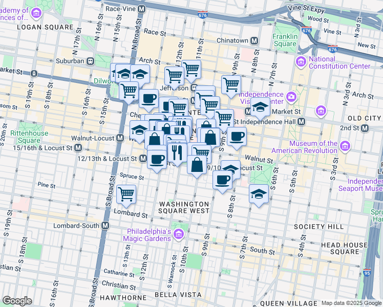 map of restaurants, bars, coffee shops, grocery stores, and more near 1020 Walnut Street in Philadelphia