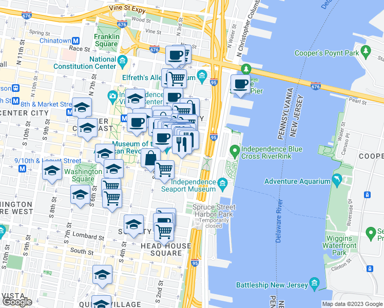 map of restaurants, bars, coffee shops, grocery stores, and more near Chestnut St & Letitia St in Philadelphia
