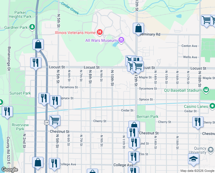 map of restaurants, bars, coffee shops, grocery stores, and more near 921 Sycamore Street in Quincy