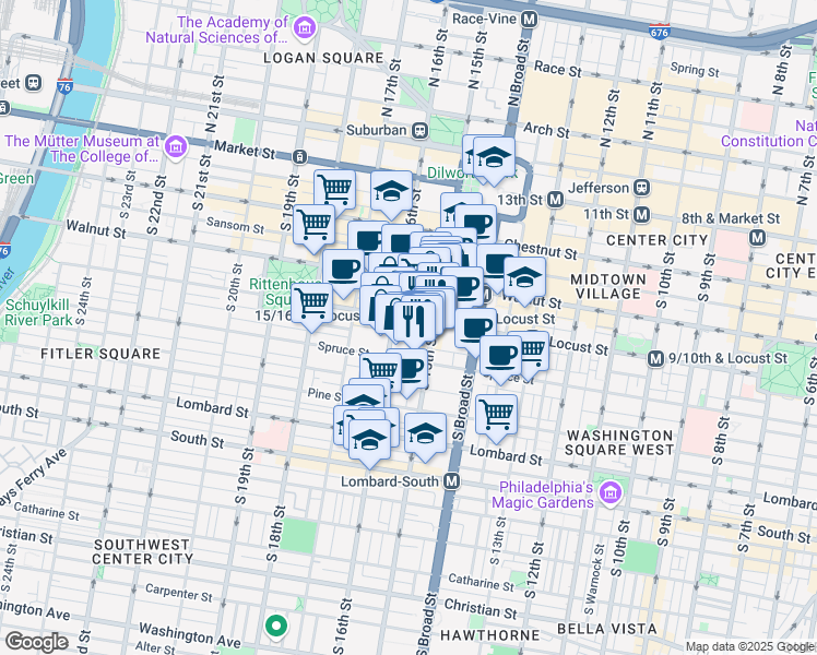 map of restaurants, bars, coffee shops, grocery stores, and more near in Philadelphia