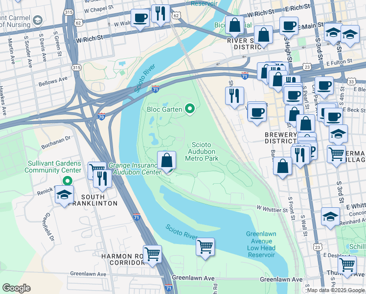 map of restaurants, bars, coffee shops, grocery stores, and more near Maier Place in Columbus