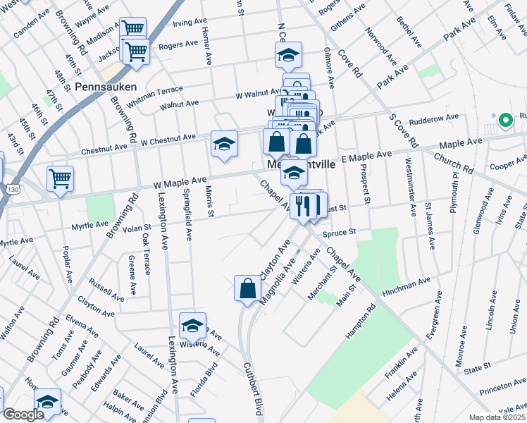 map of restaurants, bars, coffee shops, grocery stores, and more near 24 Volan Street in Merchantville
