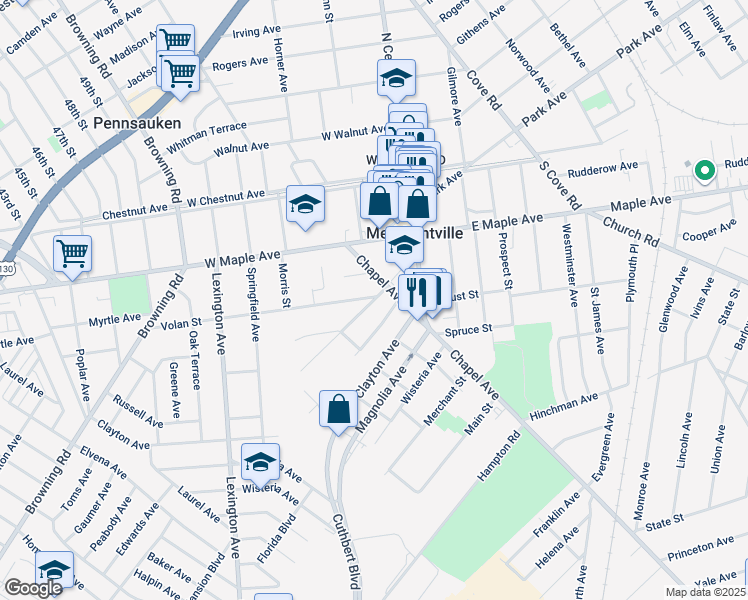 map of restaurants, bars, coffee shops, grocery stores, and more near 24 Volan Street in Merchantville