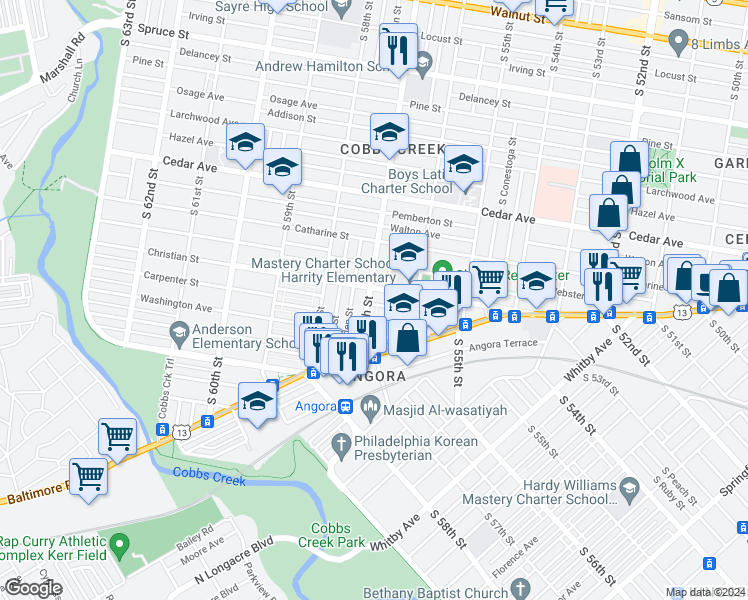 map of restaurants, bars, coffee shops, grocery stores, and more near 813 South 57th Street in Philadelphia