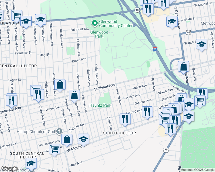 map of restaurants, bars, coffee shops, grocery stores, and more near Sullivant Ave & Woodbury Ave in Columbus