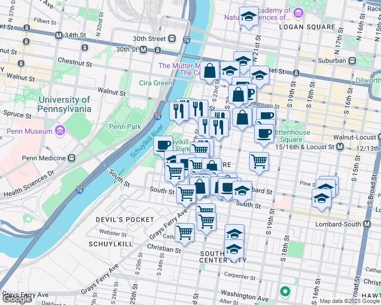 map of restaurants, bars, coffee shops, grocery stores, and more near 2403 Delancey Street in Philadelphia
