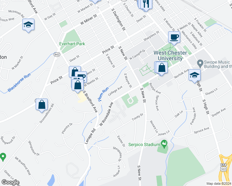 map of restaurants, bars, coffee shops, grocery stores, and more near 416 College Avenue in West Chester