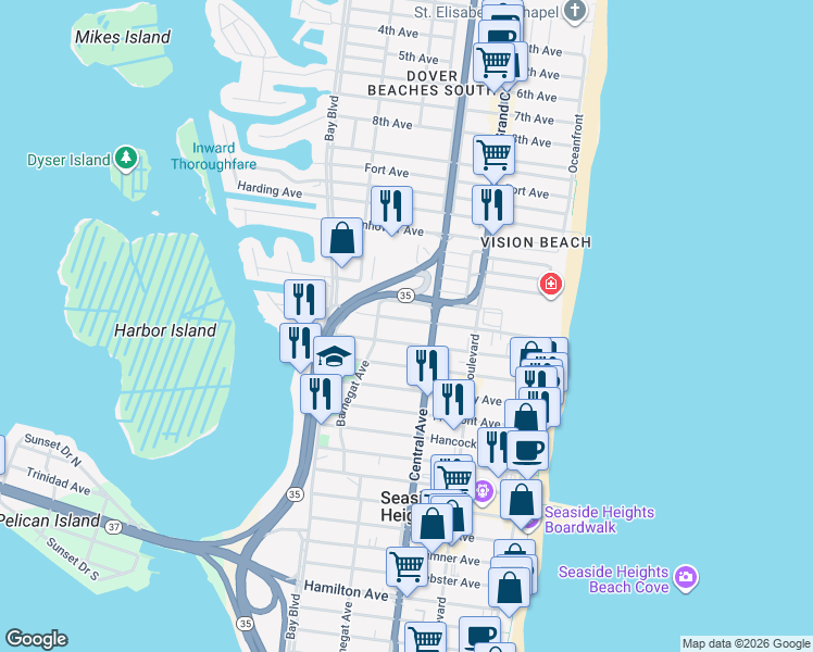 map of restaurants, bars, coffee shops, grocery stores, and more near 234 Sampson Avenue in Seaside Heights