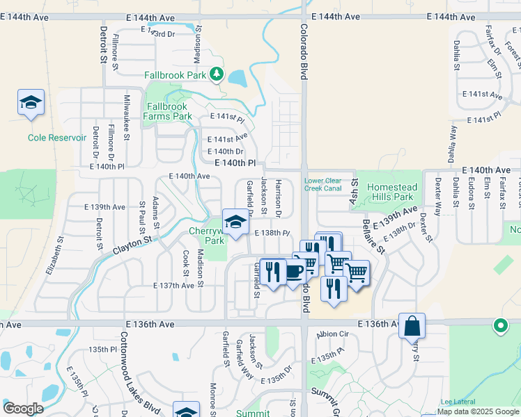 map of restaurants, bars, coffee shops, grocery stores, and more near 13905 Jackson Street in Thornton