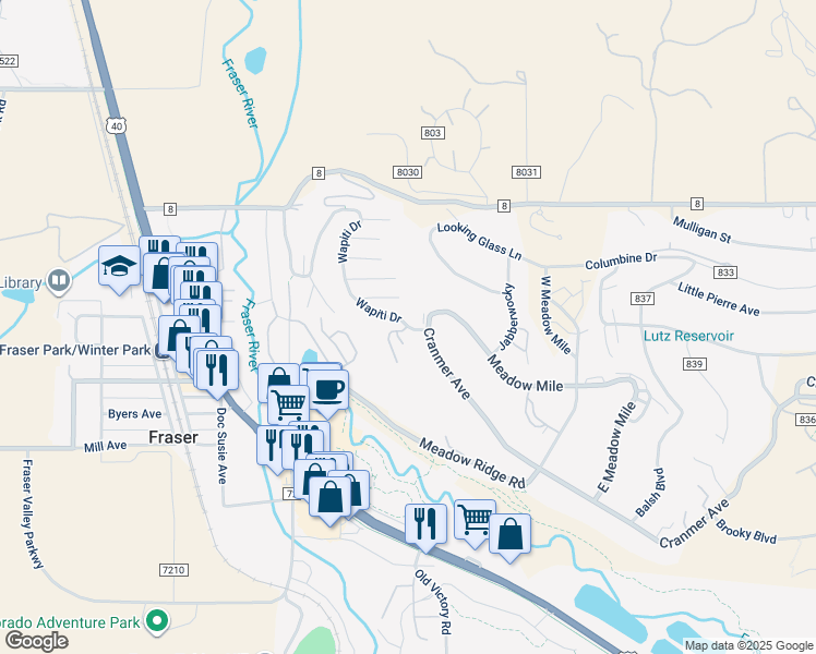 map of restaurants, bars, coffee shops, grocery stores, and more near 904 Wapiti Drive in Granby