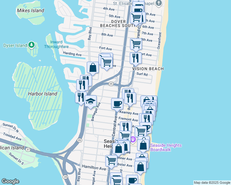 map of restaurants, bars, coffee shops, grocery stores, and more near 1501-1515 West Central Avenue in Seaside Heights