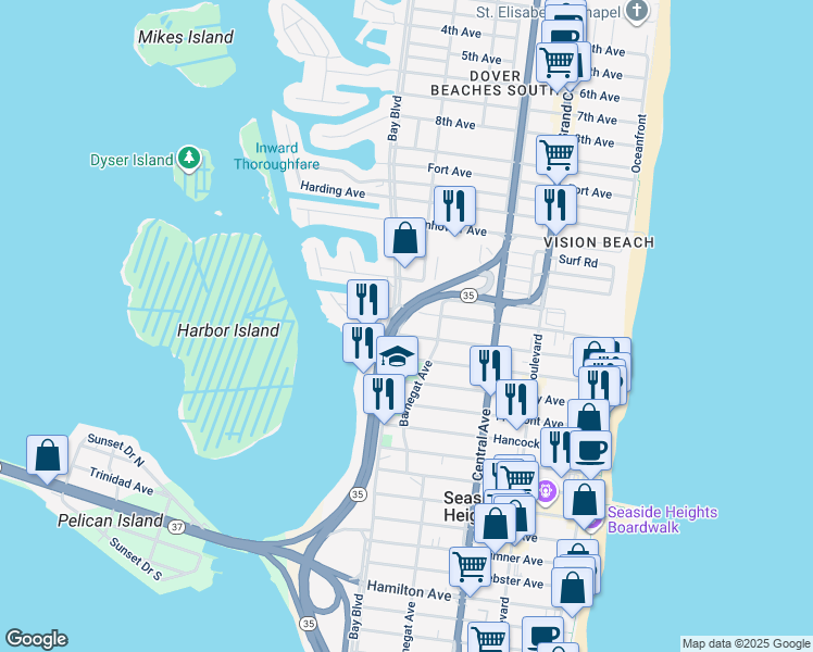 map of restaurants, bars, coffee shops, grocery stores, and more near 314 Sampson Avenue in Seaside Heights