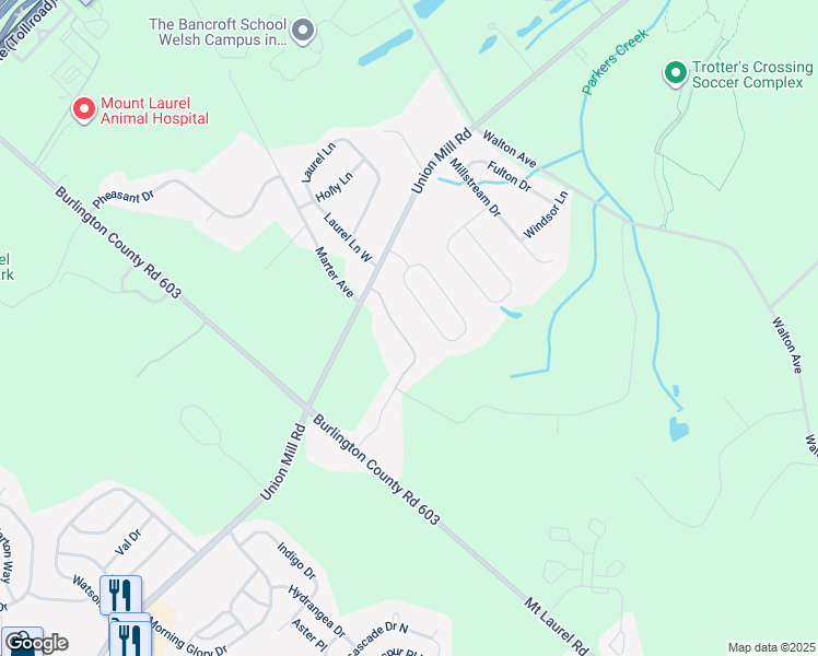 map of restaurants, bars, coffee shops, grocery stores, and more near 36 Wood View Drive in Mount Laurel Township