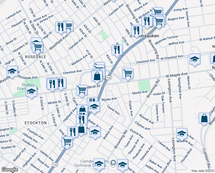 map of restaurants, bars, coffee shops, grocery stores, and more near 4115 Carmen Street in Pennsauken Township