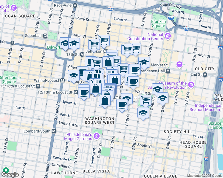 map of restaurants, bars, coffee shops, grocery stores, and more near 1000-28 Walnut Street in Philadelphia