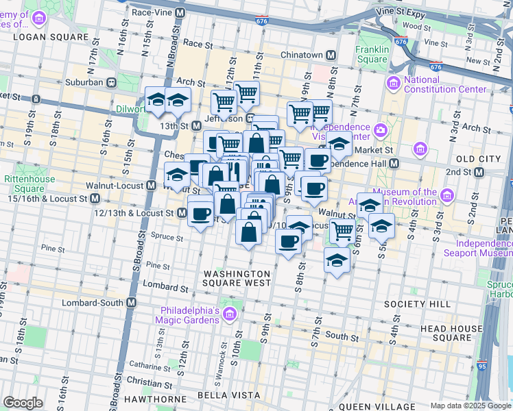 map of restaurants, bars, coffee shops, grocery stores, and more near 1000-28 Walnut Street in Philadelphia