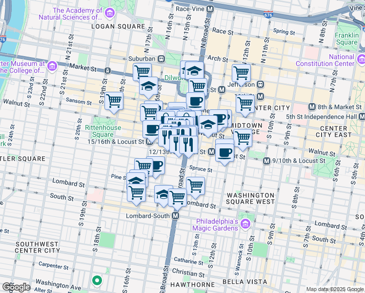 map of restaurants, bars, coffee shops, grocery stores, and more near 240 South Broad Street in Philadelphia