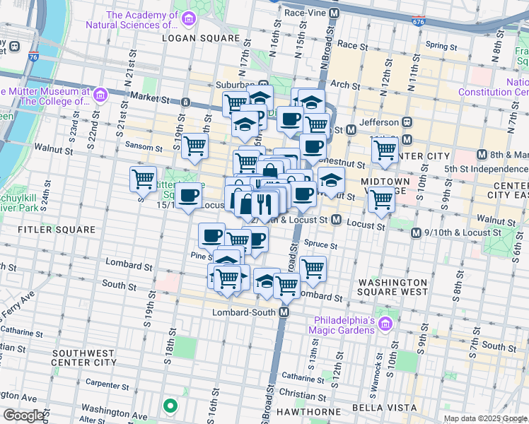 map of restaurants, bars, coffee shops, grocery stores, and more near 1500 Locust Street in Philadelphia