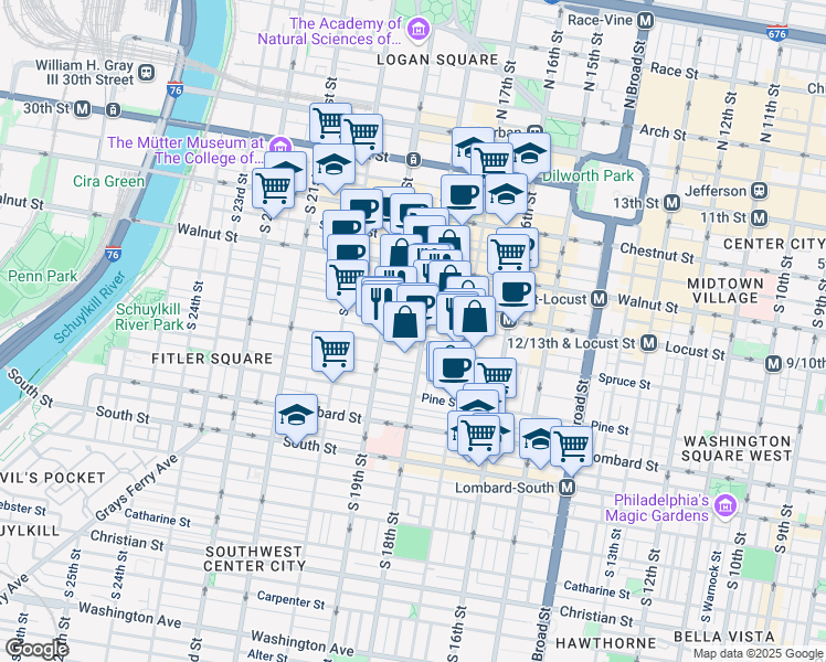 map of restaurants, bars, coffee shops, grocery stores, and more near 237 South 18th Street in Philadelphia